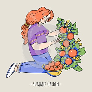 Summer garden people, cartoon character natural greeting card