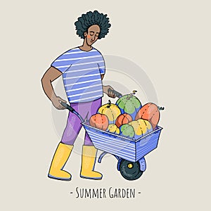 Summer garden people, cartoon character natural greeting card