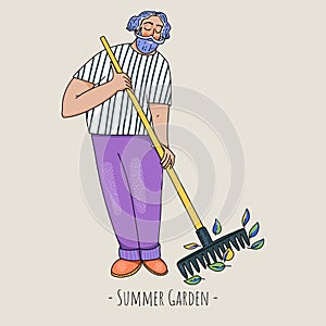 Summer garden people, cartoon character natural greeting card