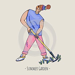 Summer garden people, cartoon character natural greeting card