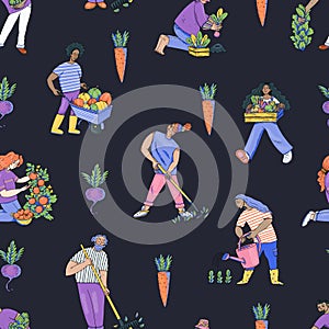 Summer garden people seamless pattern, cartoon character natural texture