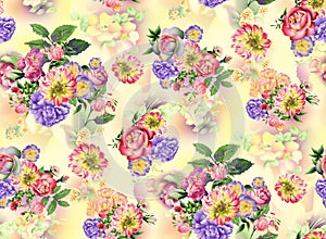 Summer garden roses and iris flowers watercolor seamless pattern on yellow background