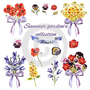 Summer garden`s set with flowers and bouquets