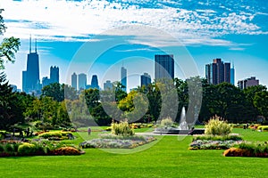 Summer Garden Scene in Lincoln Park Chicago with the Skyline