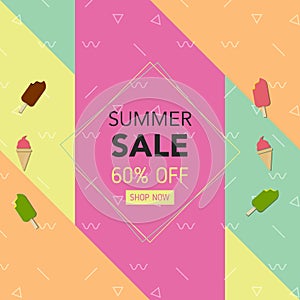 Summer Geometric Colorful Background with, Ice-Cream. Vector Illustration Template for Banner, Flyer, Invitation, Poster, Brochure