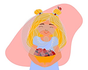 Summer girl. Cute girl with yellow hair, in blue dress and with a bowl of strawberries. Little Ladybug on her hair. Vector