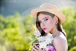 Summer girl with long hair. face and skincare. Travel in summer. Woman with fashion makeup. Natural beauty and spa