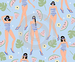 Summer girls, fruits and plants seamless pattern. Summer holiday backround.