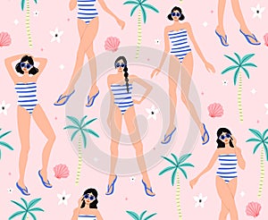 Summer girls and palm trees seamless pattern. Summer background.