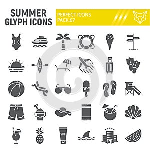 Summer glyph icon set, travel symbols collection, vector sketches, logo illustrations, beach icons, tourism signs solid