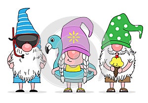 Summer gnomes. Gnomes with float, diving goggles and ice cream.