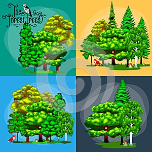 Summer Green Forest Tree and small animals in wild nature. Cartoon vector set trees in outdoor park. Outdoor trees in