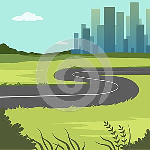 Summer green landscape with road and city buildings, road through the countryside into the city, nature background