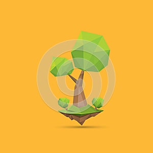 Summer green low poly style tree isolated on orange background. Abstract Green tree design element for games and banners