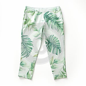 Summer Green White Palm Leaf Print Leggings For Girls