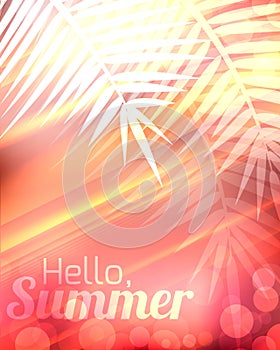 Summer greeting card with blurred background and palm branches.