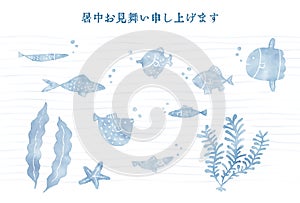 Summer greeting card with fishes and seaweeds, ocean image