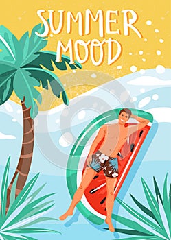 Summer greeting card. Happy man sunbathing and floating on a beach. Summer mood.