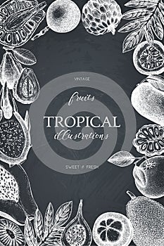 Summer greeting card or invitation design. Vector frame with hand drawn tropical fruits sketch. Vintage background exotic plants o