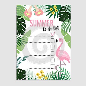 Summer greeting card, invitation. Wish list or to do list. Flamingo bird and palm leaves Web banner, background. Stock