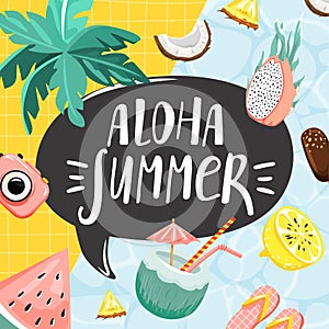 Summer greeting card. Stylish typography slogan design `Aloha summer` sign.