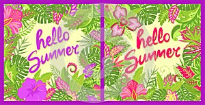 Summer greeting floral colorful cards with hello summer lettering, tropical leaves, hibiscus and other exotic flowers for bag, Tsh