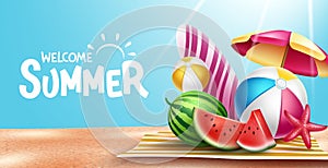 Summer greeting vector design. Welcome summer text in sand beach background with tropical season objects for holiday vacation.