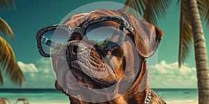 Summer Grins Cute Rottweiler Dog in Sunglasses Delights on the Sandy Beach. Generative AI