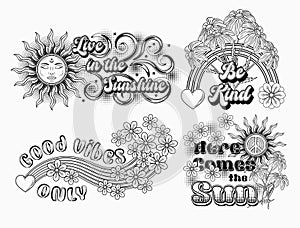 Summer groovy labels with sun, chamomile, hearts