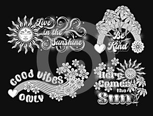 Summer groovy labels with sun, chamomile, hearts