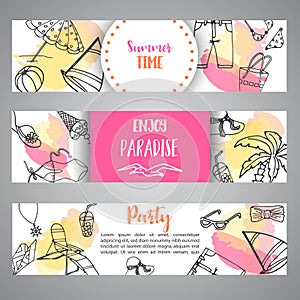 Summer hand drawn banner. Beach doodle elements. Vacation and trevel to the sea Sketch Vector