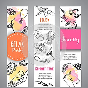 Summer hand drawn banner. Beach doodle elements. Vacation and trevel to the sea Sketch Vector