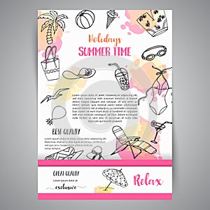 Summer hand drawn brochure. Beach doodle elements. Vacation and trevel to the sea Sketch Vector