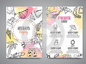 Summer hand drawn brochure. Beach doodle elements. Vacation and trevel to the sea Sketch Vector