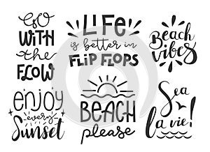 Summer hand drawn brush letterings. Beach themed typography - vibes, sea life, sunset, flow