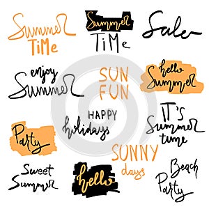 Summer hand drawn brush letterings. Summer typography - summer time, sun fun, happy holidays, party, sale, beach party, hello