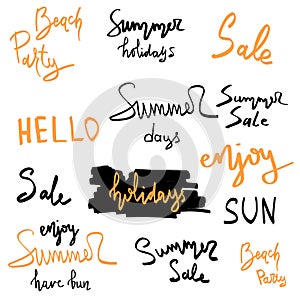 Summer hand drawn brush letterings. Summer typography - summer time, sun fun, happy holidays, party, sale, beach party, hello