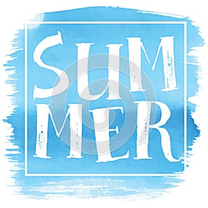 Summer, hand paint vector lettering on on blue watercolor sport background, summer design, banner, typography poster