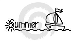Summer. Handwritten Word Lettering. The letter S in the form of the sun with rays. Stylized sun, sea and boat with a sail. Summer