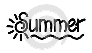 Summer. Handwritten Word Lettering. The letter S in the form of the sun with rays. Stylized sun and sea. Vector Image Isolated on