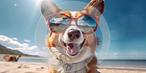 Summer Happiness Adorable Pembroke Welsh Corgi Dog in Sunglasses at the Beach. Generative AI