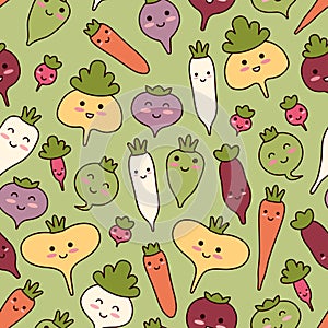 Summer harvest seamless pattern. Cartoon vegetables. Cute faces of characters with flat outline.