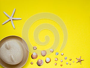 Summer hat and a selection of seashells and starfish, located on a yellow background.