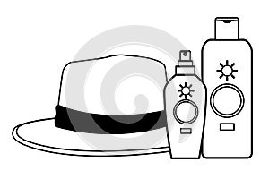 Summer hat and sun bronzer bottles in black and white