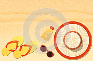 Summer hat, sunglasses, sun protection, flip-flops on sand. Top view. Beach holiday concept. Vector illustration