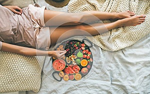 Summer healthy clean eating breakfast in bed concept, copy space