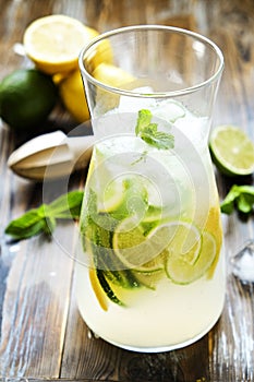 Summer healthy non alcoholic cocktails, citrus infused water drinks, lemonades with lime lemon or orange, diet detox beverages.