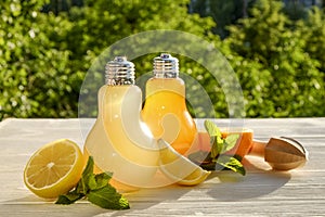 Summer healthy non alcoholic cocktails, citrus infused water drinks, lemonades with lime lemon or orange, diet detox beverages.