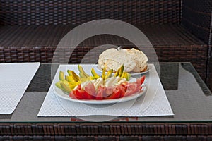 Summer healthy snack served on outdoor porch table