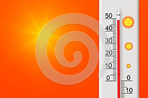 Summer heat. Celsius scale thermometer shows plus 49 degrees . Yellow sun in red sky